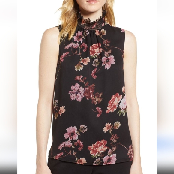 Vince Camuto Tops - Vince Camuto Garden Fleur Ruffle Neck Blouse, Size Petite XS- Black/ Pink
